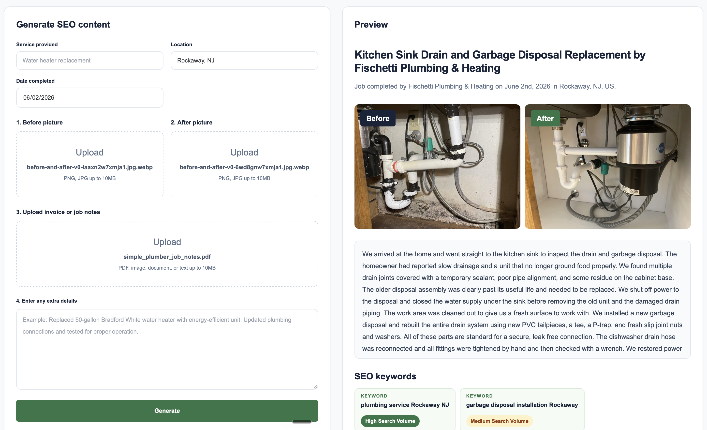 HomeServicePro completed-job generator showing uploaded job materials, a generated preview, before and after photos, and SEO keyword suggestions